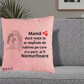 Cadou pentru Mama - Perna Personalizata Mama Nemuritoare cu Copilul in Poala, 40x40 cm, Roz, Husa Detasabila, Perna Inclusa, BEKZ®