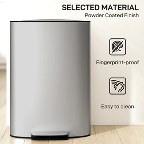 HOMCOM Coș de Gunoi cu Pedală de 50L cu Capac Amortizat, Deschidere la 90° și Găleată Detașabilă, Oțel Inoxidabil, Gri | Aosom Romania