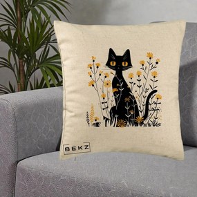 Perna Decorativa Pisica Neagra Ochi Galbeni Flori Galbene, 40x40 cm, Bej, Husa Detasabila, Perna Inclusa, BEKZ®