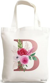 Sacosa de Panza pentru Cumparaturi, Geanta Tote, Cu litera B Rose Gold si Trandafiri, 38x34.5 cm, Alba, BEKZ®