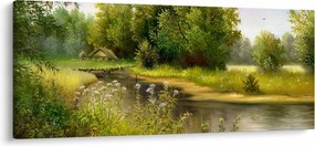 Tablou - Râu lângă pădure, pictură în ulei (120x50 cm)