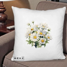 Perna Decorativa Buchet Margarete Albe Acuarela, 40x40 cm, Alb Pufos, Husa Detasabila, Perna Inclusa, BEKZ®