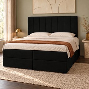 Pat boxspring din catifea Novella cu ladă 140×200 cm, negru