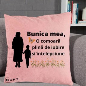 Cadou pentru Bunica - Perna Personalizata Bunica Mea Comoara cu Fluture si Baietel, 40x40 cm, Roz, Husa Detasabila, Perna Inclusa, BEKZ®
