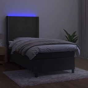 Pat cu arcuri, saltea si LED, gri inchis, 90x200 cm, catifea Morke gra, 90 x 200 cm, Design simplu