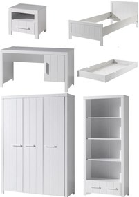 Set Mobilier Cameră Copii ERIK: Pat 90x200 cm, Dulap 3 Uși, Birou, Bibliotecă, Noptieră și Sertar, Alb – Vipack
