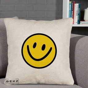 Perna Decorativa Smiley Face Galben Clasic, 40x40 cm, Bej Canapea, Husa Detasabila, Perna Inclusa, BEKZ®