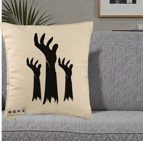 Perna Decorativa Halloween Maini Zombie Alb-Negru, 40x40 cm, Bej, Husa Detasabila, Perna Inclusa, BEKZ®