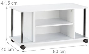 Comoda TV cu roti 3 niveluri 2 rafturi 2 compartimente pentru carti  MDF  Alb