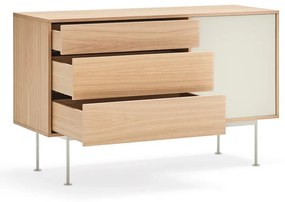 Comodă cu aspect de lemn de stejar Teulat Yoko, lățime 128 cm, alb-crem