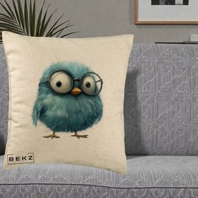 Perna Decorativa Pui Pufos Teal cu Ochelari, 40x40 cm, Bej, Husa Detasabila, Perna Inclusa, BEKZ®