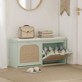 HOMCOM Bancă pentru încălțăminte, banc de depozitare, șezut căptușit, sertare rabatabile, ușă din ratan, 104 x 26 x 47,5 cm, verde | Aosom Romania