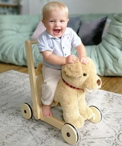 Little Bird Told Me - Dexter Dog Walker, Push Along  Ride On Toy pentru copii de peste 1 an, Golden Labrador Caine Pufos pentru copii mici, Cadru robust din lemn, Scaun captusit