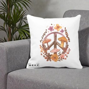 Perna Decorativa Peace Sign Ciuperci Floral, 40x40 cm, Alba Mata, Husa Detasabila, Perna Inclusa, BEKZ®