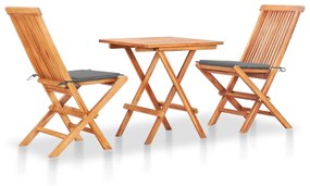 3063226 vidaXL Set mobilier de bistro cu perne gri, 3 piese, lemn masiv de tec