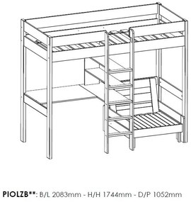 PINO Pat copii LOFT CU CANAPEA EXTENSIBILĂ 90 X 200 CM GRI