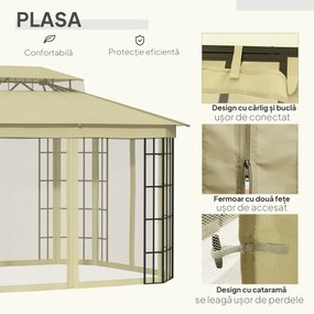 Outsunny Foisor de Gradina 3.65x3m,pavilion gradina cu Plasa, din Poliester si Metal, Negru, Bej | Aosom Romania