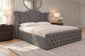 Pat tapițat Chesterfield din catifea Velora Cristal 140×200 cm, gri închis, cu ladă de depozitare