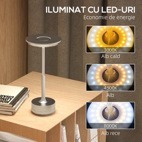 HOMCOM Lampă de masă Touch LED, Lampă de Noptieră Fără Fir cu Baterie Reîncărcabilă, 3 Tonuri de Lumină, Ø13x28,5 cm, Argintiu | Aosom Romania