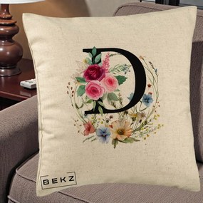 Cadou Personalizat - Perna Personalizata Monogram Litera D cu Flori Acuarela, 40x40 cm, Bej, Husa Detasabila, Perna Inclusa, BEKZ®