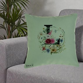 Cadou Personalizat - Perna Personalizata Monogram Litera L cu Flori Acuarela, 40x40 cm, Verde, Husa Detasabila, Perna Inclusa, BEKZ®
