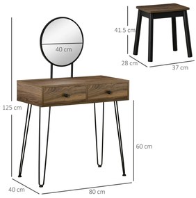 HOMCOM Masa de Machiaj in Stil Industrial, Set Masa de Toaleta cu Taburet si Oglinda de Machiaj, Postatie de Machiaj din Lemn si Metal pentru cameră