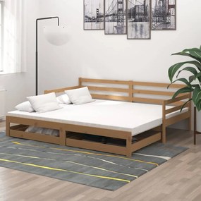 3083702 vidaXL Pat extensibil de zi, 2x(90x200)cm, maro miere, lemn masiv pin