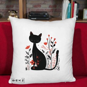 Perna Decorativa Pisica Neagra Flori Rosii Folk Minimal, 40x40 cm, Alb Pufos, Husa Detasabila, Perna Inclusa, BEKZ®