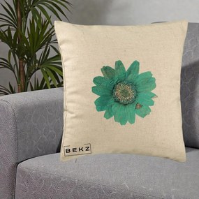 Perna Decorativa Floare Gerbera Teal Acuarela, 40x40 cm, Bej, Husa Detasabila, Perna Inclusa, BEKZ®