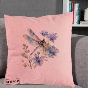 Perna Decorativa Libelula Acuarela Flori Albastre, 40x40 cm, Roz, Husa Detasabila, Perna Inclusa, BEKZ®