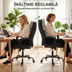 HOMCOM Scaun de Birou Rotativ din Piele PU, Funcție Legănare, Spătar Înalt, Reglabil pe Înălțime, Suportă 120 kg, Negru | Aosom Romania