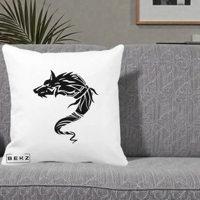 Perna Decorativa Lup Tribal Alb-Negru, 40x40 cm, Alba Mata, Husa Detasabila, Perna Inclusa, BEKZ®