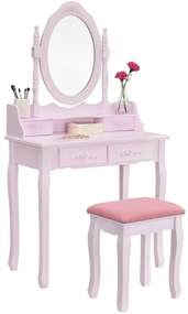 RESIGILAT Set Julieta, Masă de toaletă cu oglindă, 4 sertare, scaun, Roz