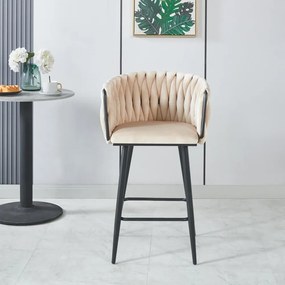 RESIGILAT- Scaun bar, cadru metalic și suport pentru picioare negru, catifea, Bej/Negru