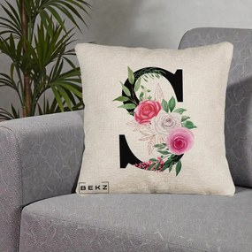 Cadou Personalizat - Perna Personalizata Monograma Florala Litera S, 40x40 cm, Bej Canapea, Husa Detasabila, Perna Inclusa, BEKZ®