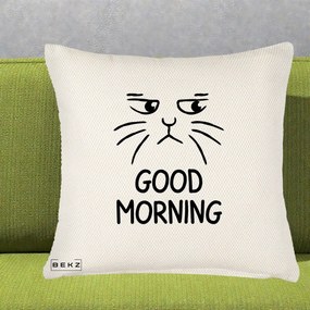 Perna Decorativa Pisica Morocanoasa Good Morning, 40x40 cm, Crem Reliefat, Husa Detasabila, Perna Inclusa, BEKZ®