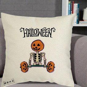 Perna Decorativa Halloween Schelet cu Cap de Dovleac Powerlifting, 40x40 cm, Ecru, Husa Detasabila, Perna Inclusa, BEKZ®