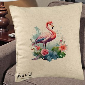 Perna Decorativa Flamingo cu Flori Tropicale Acuarela, 40x40 cm, Bej, Husa Detasabila, Perna Inclusa, BEKZ®
