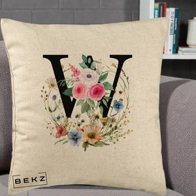 Cadou Personalizat - Perna Personalizata Monograma Florala Litera W, 40x40 cm, Bej, Husa Detasabila, Perna Inclusa, BEKZ®