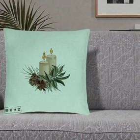 Perna Decorativa Lumanari cu Ilex si Conuri Ilustratie, 40x40 cm, Verde Menta, Husa Detasabila, Perna Inclusa, BEKZ®