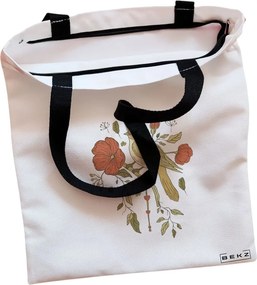 Sacosa de Panza pentru Cumparaturi, Geanta Tote, model Cantec Floral, Cu fermoar, 38x34.5 cm, Alba, BEKZ®