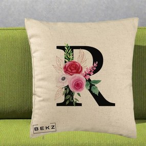 Cadou Personalizat - Perna Personalizata Monograma Florala Litera R, 40x40 cm, Bej, Husa Detasabila, Perna Inclusa, BEKZ®