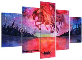 Tablou - Apariția cailor spațiali peste lac, acuarelă (150x105 cm)