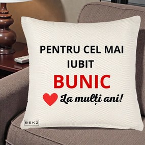 Cadou pentru Bunic - Perna Personalizata Pentru Cel Mai Iubit Bunic La Multi Ani Rosu, 40x40 cm, Crem Reliefat, Husa Detasabila, Perna Inclusa, BEKZ®