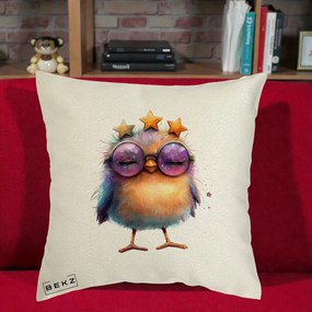 Perna Decorativa Pui Pop Star cu Ochelari Stele Violet, 40x40 cm, Ecru, Husa Detasabila, Perna Inclusa, BEKZ®