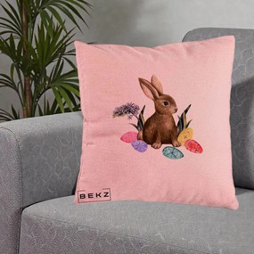 Perna Decorativa Iepuras cu Oua de Pasti Acuarela, 40x40 cm, Roz, Husa Detasabila, Perna Inclusa, BEKZ®