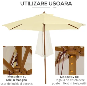 Outsunny Umbrelă de Soare pentru Grădină cu Suport din Lemn, Design Elegant, 2.5x2.3m, Crem, Protecție UV | Aosom Romania