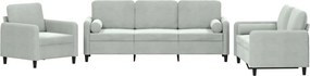vidaXL Set de canapele, 3 piese, cu perne, gri deschis, catifea