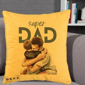 Cadou pentru Tata - Perna Personalizata Super Dad Tata si Fiu Imbratisare, 40x40 cm, Galben, Husa Detasabila, Perna Inclusa, BEKZ®
