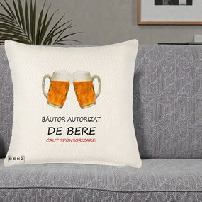 Perna Decorativa Bautor Autorizat de Bere, 40x40 cm, Crem Reliefat, Husa Detasabila, Perna Inclusa, BEKZ®